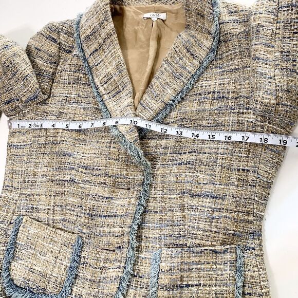Cache Brown Blue tweed Blazer Jackets Frayed Trim Womens Size 10 - Picture 13 of 14